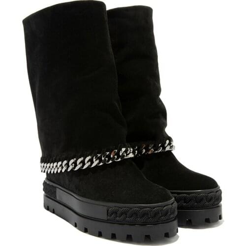 Winter Shoes For Women Heels Platform Black Genuine Leather Mid Calf Ladies Boots Chain Hidden 8 CM Height Increasing Bottines