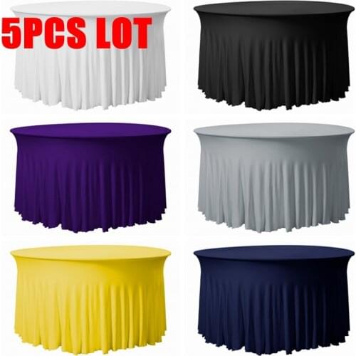 5pcs Ruffled Round Spandex Table Cover Cloth Stretch Tablecloth For Wedding Event Decoration