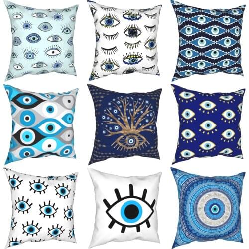 Evil Eye Pillowcase Polyester Cushion Cover Blue Nazar Amulet Pattern Boho Pillow Case Cover Home Decorative Square 18