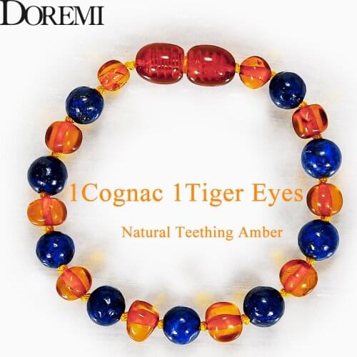 DOREMI 1Cognac 1Tiger Eyes Baby Teething Amber Bracelet Necklace for Boys Adult Amber Beads Natural Baltic Amber Neckace Jewelry