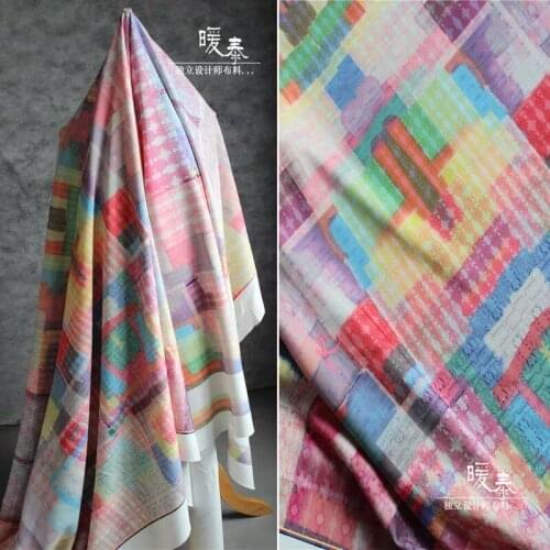Printed Stretch Fabric Colorful Abstract Square Air Layer Fabric DIY Coat Home Decor Cheongsam Stage Skirt Dress Designer Fabric