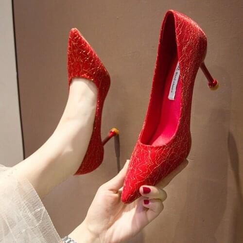 Elegant temperament wedding shoes spring and autumn new wild pointed shallow mouth stilettos large size 40 womens shoes