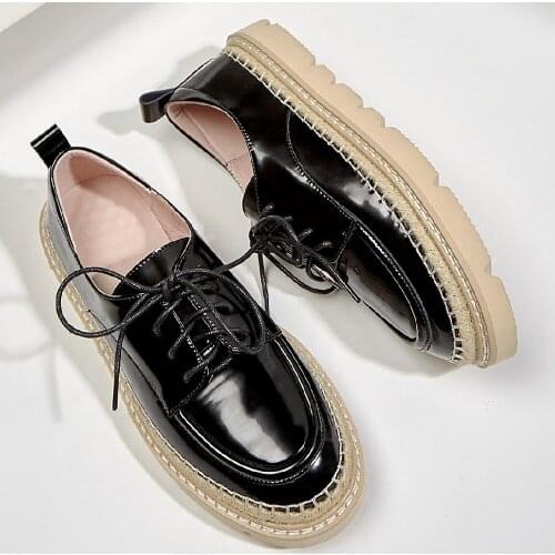 Womens genuine leather thick sole platform flats lace-up casual sneakers leisure soft comfortable female four season shoes sale