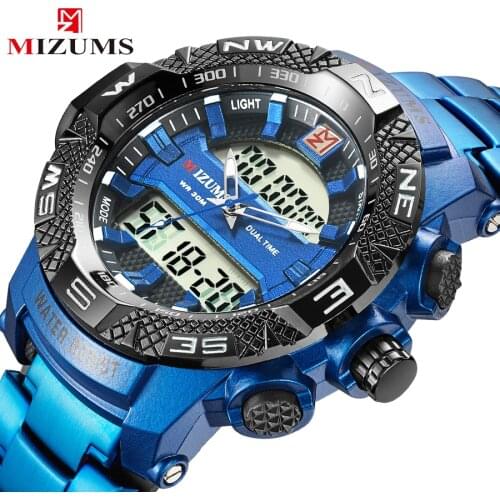 MIZUMS Brand Sports Men Watches Dual Display Analog Digital LED Electronic Quartz Wristwatches Mens Waterproof Military Watch