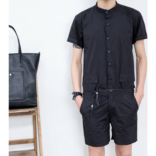Summer mens new stand collar short-sleeve shirt slim jumpsuit one piece jumpsuit overalls teenage handsome uniform pants