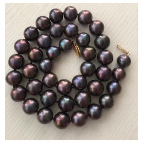 AAA round 9-10mm natural Tahitian black red pearl necklace 14k gold