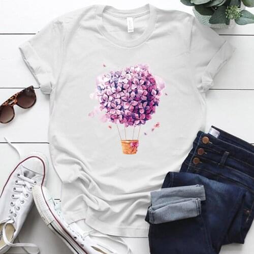 Seeyoushy Flower Hot Air Balloon Printed Tshirt Women Round Neck Summer Tee Tops Harajuku shirts Kawaii Casual Woman Clothes