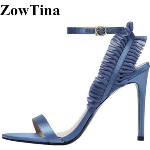 Blue Silk Women Gladiator Sandals Ankle Strap Lace Decor Ladies Summer Shoes Sexy Thin High Heels Black Formal Dress Party Pumps