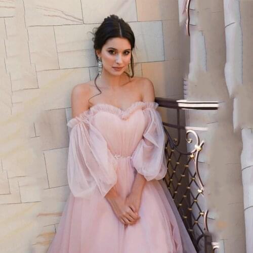 LORIE Boho pink Wedding Dress A-Line Appliques Puff Sleeves Bride Dress White Lace Top Wedding Gown Free Shipping 2021