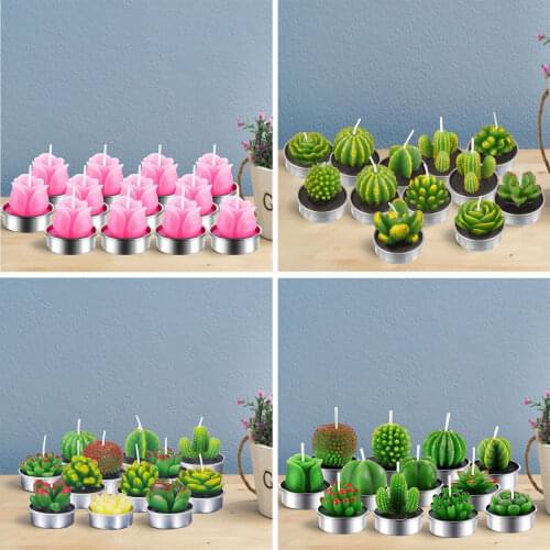 12Pcs Valentines Day Rose Flower Candle 3D Cactus Candles Simulated Succulent Plant Candles Set For Weddings Home Decoration