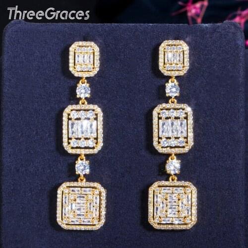 ThreeGraces Trendy Gold Color Long Dangle Drop Earrings for Women Shiny White CZ Crystal Bridal Wedding Engagement Jewelry ER631