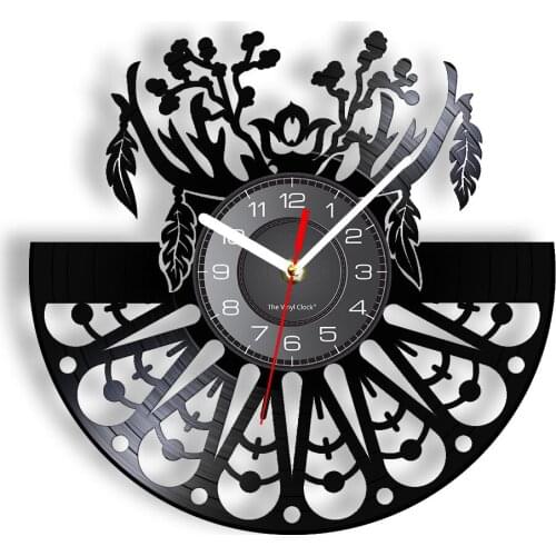 Miniascape Unique Wall Clock Made Of Real Vinyl Record Fan-Shaped Feathers Flower Stubborn Leaves Luminous Wall Watch Carved Art