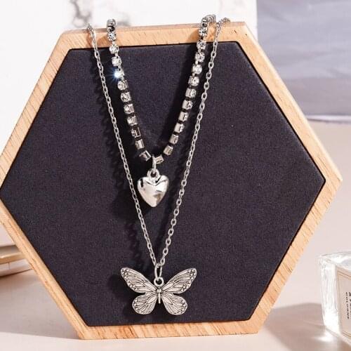 Vintage Multilayer Crystal Butterfly Pendants Necklaces for Women Silver Color Heart Chain Necklaces Trendy Jewelry New