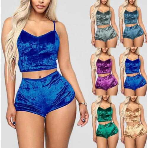 Women Velvet Sleepwear 2 Piece Sexy Spaghetti Strap Solid Color Backless Shorts Pajamas Set Ladies Lingeries пижама женская Hot