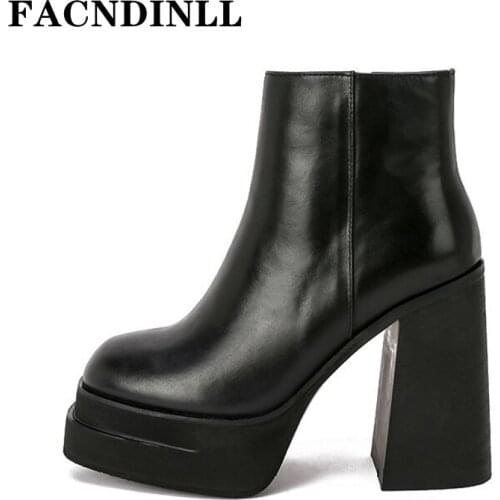 Punk Genuine Leather Women Ankle Boots Side Zipper Chunky High Heels Platform Pumps 2020 Autumn Winter Party Shoes Woman 34-39