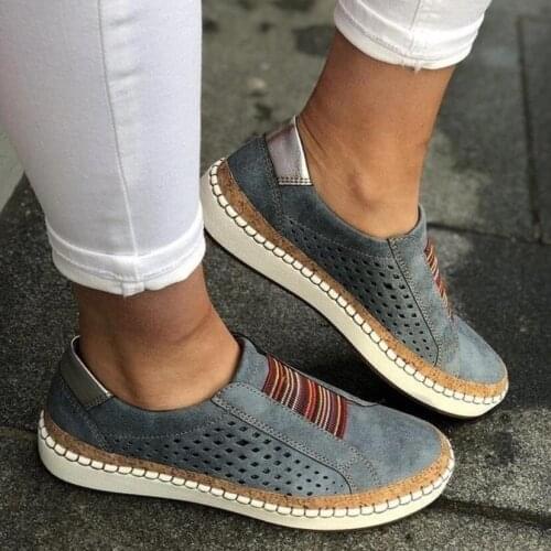 Womens Shoes Casual Slip-On Hollow Out Striped Breathable Elastic Band Female Shoes Retro Shallow Casual Flats Womens Sneakers