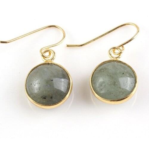 1 Pair Round Natural Stone Drop Earrings Gray Labradorite Cabochon Dangle Earrings Jewelry For Women Souvenirs Anniversary Gift
