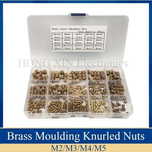 330Pcs/set Female Thread Knurled Nuts M2 M3 M4 M5 Brass Threaded Insert Injection Moulding Knurled Nuts Assortment Kit