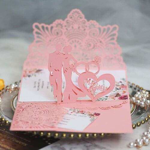 ​(50Piece/Lot) Pink Pop Up Mr And Mrs Ring Wedding Invitation Laser Cut Greeting Cards For Bridal Shower Party With Printing