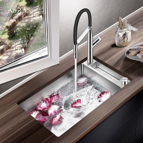 Asras 7542P Handmade Kichen Sink with Multi-function Faucet 304 Stainless Steel Sink Set Large Single Sink with Draining Board