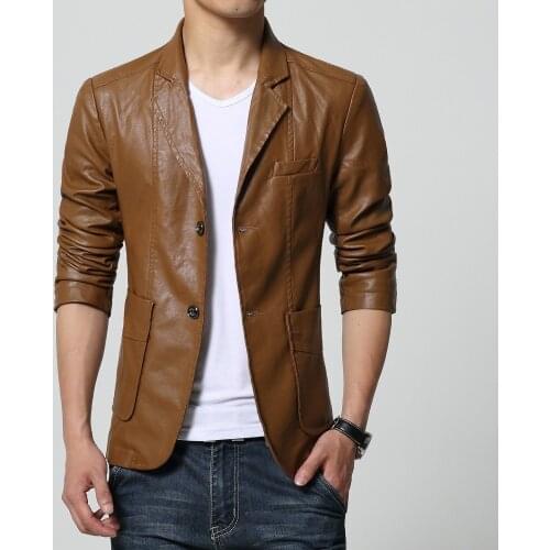 M-5XL 6XL 7XL Autumn Winter Slim Mens Motorcycle Leather Blazer Jacket Coat Black Brown Yellow Pu Leather Blazer For Big Men