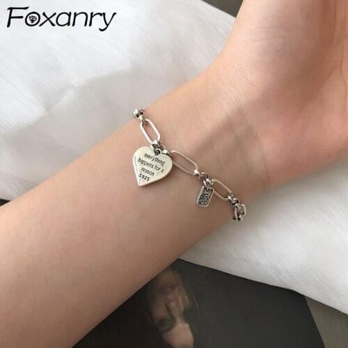 Foxanry 925 Sterling Silver Bracelets for Women New Trendy Hip Hop Vintage Charming LOVE Heart Design Party Jewelry Lover Gifts
