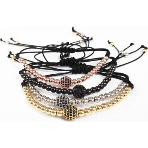 Brand Men Bracelets,Gold Color 4mm Round Beads & 8mm Micro Pave Black CZ Beads Briading Macrame Bracelet Fit Men Christmas Gift