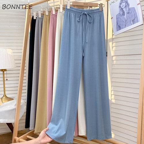 Pants Women Summer New Fashion Solid All-match Leisure High Waist Korean Style Elegant Wide Leg Soft Ins Simple Female Trousers