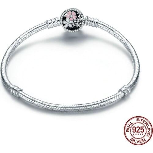 New Enamel Flower Round Snap Clasp Basic Snake Chain Charms 100% Sterling Pandora Bracelet European Jewelry for Wife Women Girls