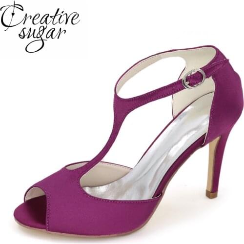 Creativesugar T-strap open toe woman satin evening dress shoes bridal wedding party purple champagne white ivory silver grey red