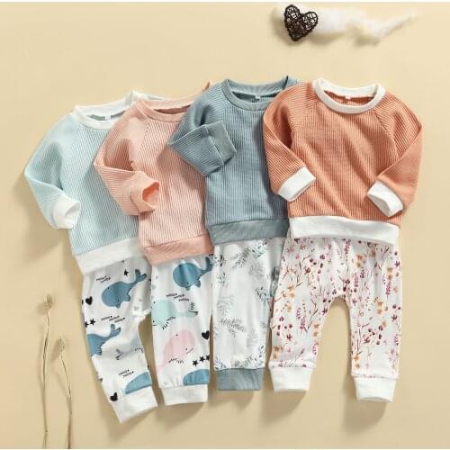 Kids Spring Autumn Casual Tracksuit Little Girls Boys Splicing Color Long Sleeves Pullover+Floral/Whale Casual Pants for 0-24M