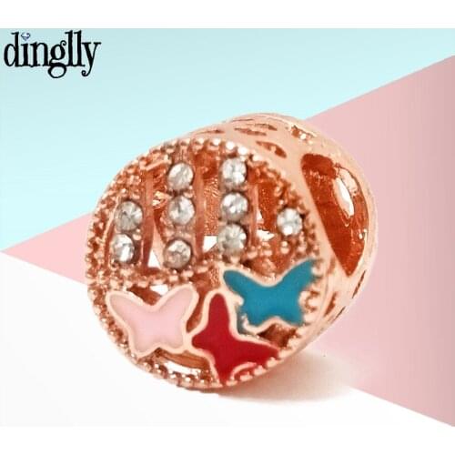 Dinglly 2020 New Rose Gold Butterfly Garden Beaded Charm Fit Brands Bracelet & Necklace Jewelry Gift Round Accessories Beads