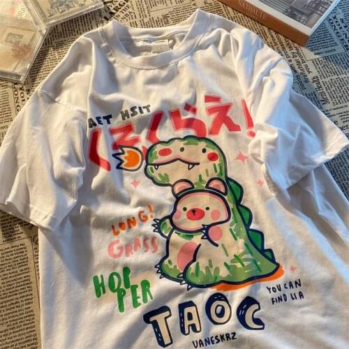 Basic Cotton Cute Dinosaur Cartoon Printed Graphic T Shirts O-neck Casual Tops Summer Plus Size Teens Japanese Fashion Harajuku