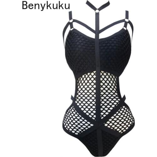 Gothic Women Black Sheer Knit Net Mesh Sexy Women Swimwear One Piece Swimsuit Female Bather Bathing Suit Swim Halter Romper New