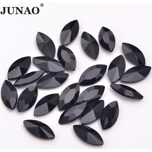 JUNAO 7x15mm Black Horse Eye Glass Rhinestones Glue on Pointback Decoration Crystal Stones for Jewelry Craft