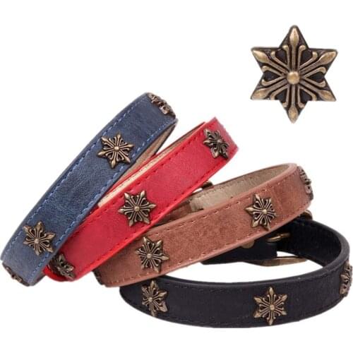 Leather Soft Dog Collar Bronze Star Decoration Adjustable Puppy Lead Collar for Medium Large Dog Durable and Fashionable