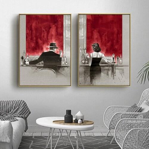 Colorful Digital Printing Woman and man Enjoy Drinking At Bar Canvas Wall art Pictures Modern Style Wall Posters For Bed Room