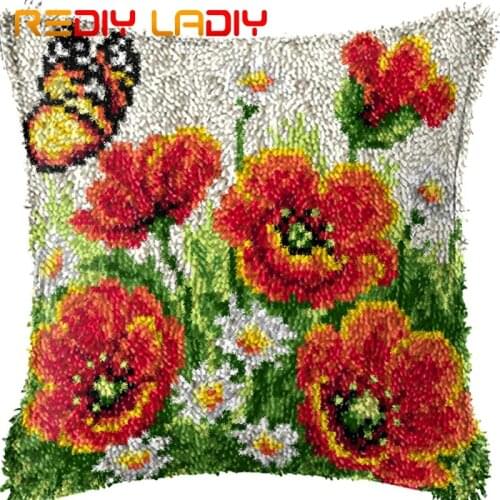 Latch Hook Cushion Poppies Daisies Printed Canvas Cushion Cover Acrylic Yarn Crochet Pillow Case Kit Hobby & Crafts Home Decor