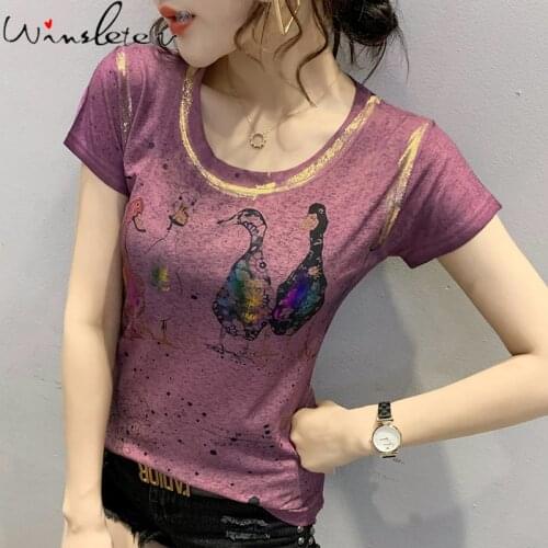 Summer Korean Clothes T-Shirt Print Animal Gold Blocking Fashion Women Tops Short Sleeve Bottoming Shirt Casual Tees T14611A