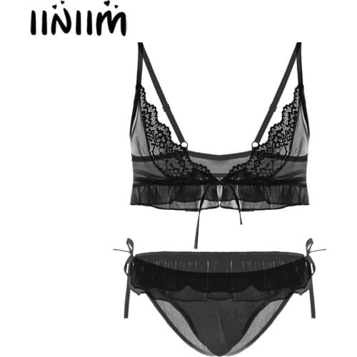 Mens Sissy Exotic Sets See Through Sheer Mesh Lingerie Set Shoulder Straps Lace Trim Bra Top Crop Tops with Briefs Underwear