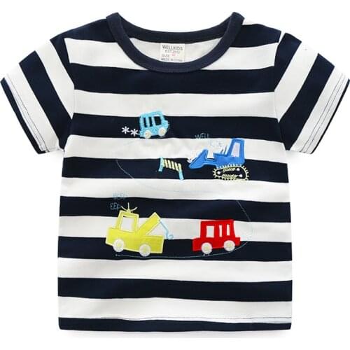 New 2021 Kids Boys T Shirts Fashion Cartoon Car Print Striped Short Sleeve T-Shirt Cotton Baby Boys Casual O-neck Tops Clothing
