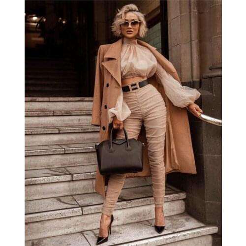 New Arrival Luxury Long Puff Sleeve O Neck With Pants 2 Pieces Nude Pleated Fashion Women Night Party Sets