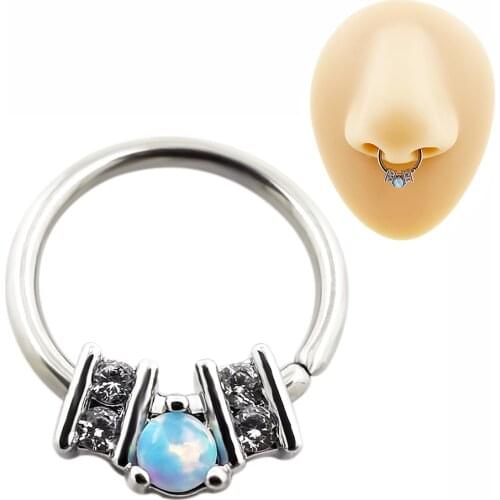 JHJT 1PC 16G Opal Nose Hoops Helix Ear Cartilage Surgical Steel Septum Clickers Nose Ring Tragus Daith Ear Piercing