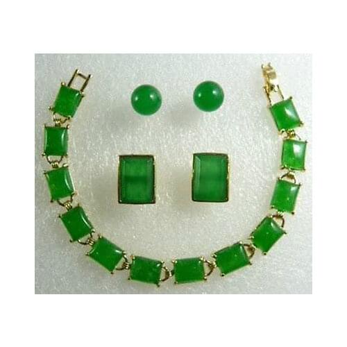 Charming Green STONE pendant bracelet earring Cufflinks set plated watch wholesale Quartz jade CZ crystal