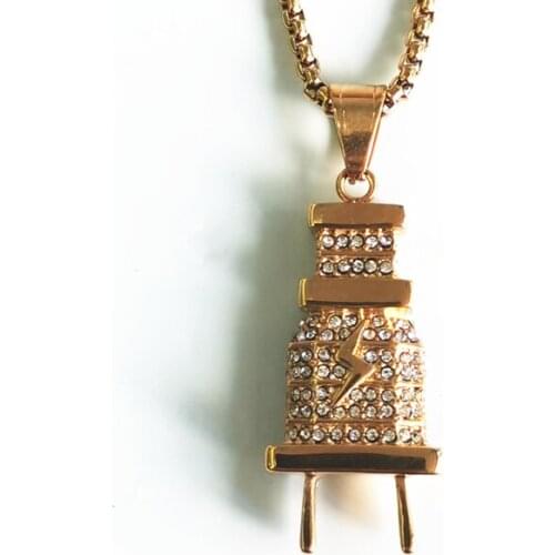New hip hop Mens Iced Bling Plug flash Pendant Necklace Gold Color High Quality Charms Micro Pave Full rhinestone Jewelry gift