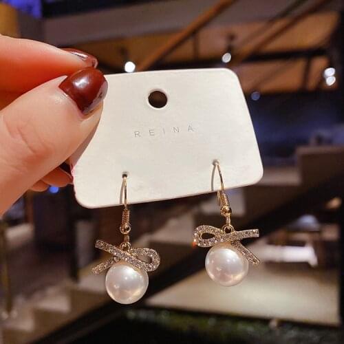 Internet Celebrity Temperamental Premium Texture Bow Eardrop Korean Semi-precious Stones Simulated-pearl Pendant Earrings