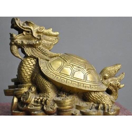 Old Chinaese brass Feng shui auspicious wealth coin Dragon turtle beast statuer