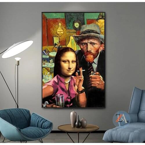 Collision of works by two famous artists art Mona Lisa and Van Gogh smoking canvas painting wall art poster and living room