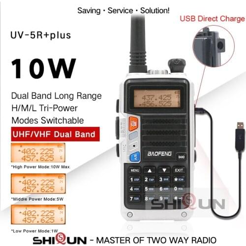 UV-5R+Plus Silver Walkie Talkie with USB Charging Long Range Baofeng 8W/10W Tri-Band UV Radio 10 km for Hunting Upgrade of UV-5R