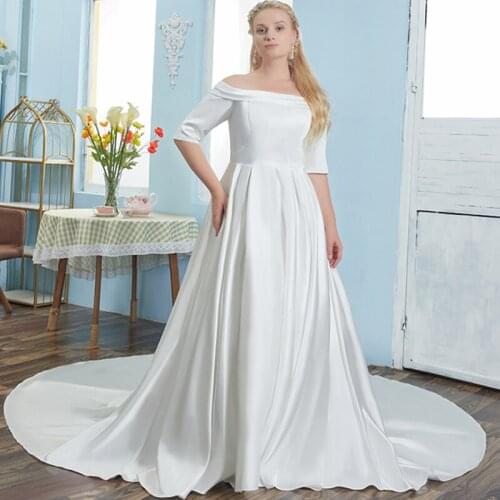 Evening Dress Boat Neck Simple Lace Up Elegant Floor-Length Empire Half Sleeves White A-Line Plus Size Women Formal Gowns D1063